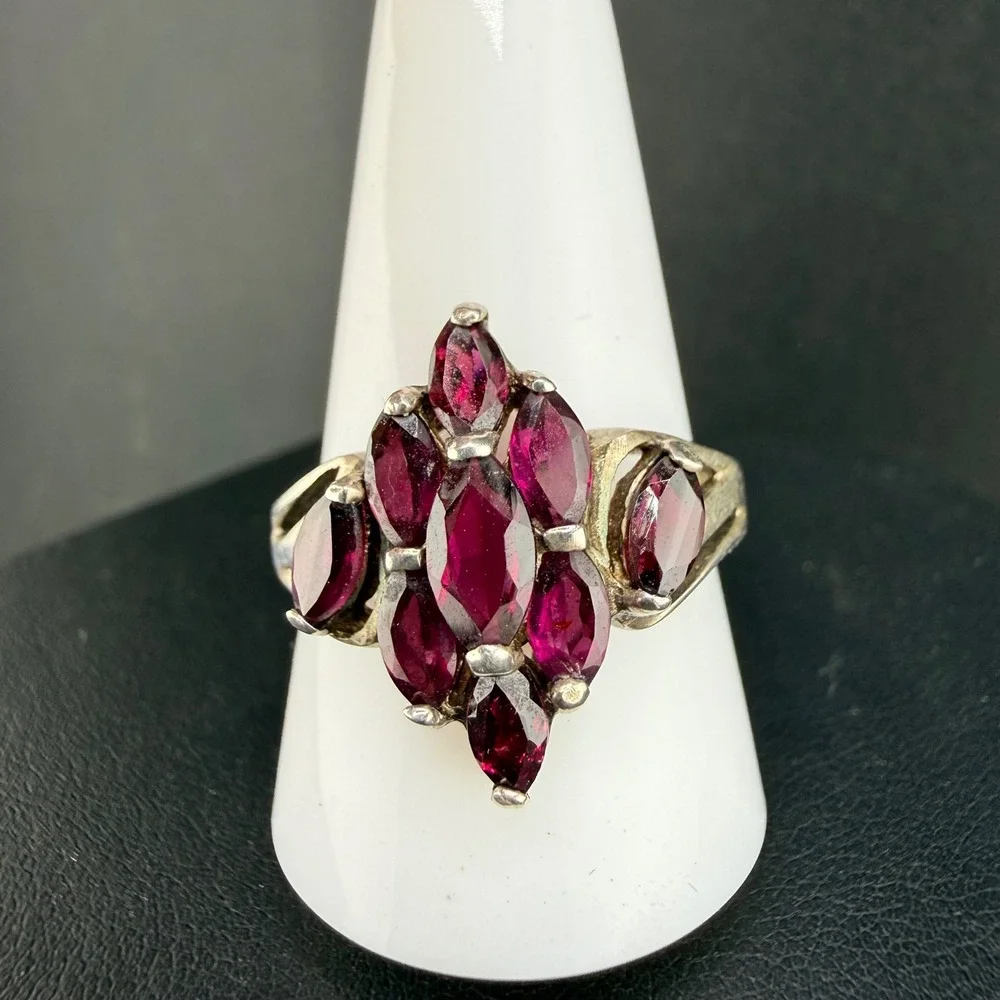 Vintage Avon Sterling Silver Ring Red Rhinestone Cluster Statement 925 Size 11